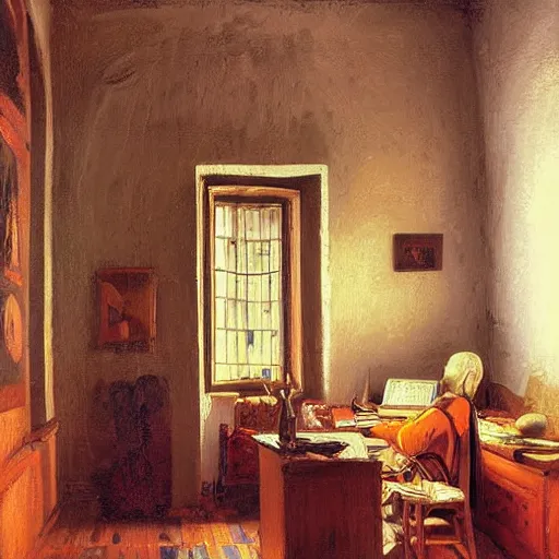 Prompt: a cozy little office nook, dmitry spiros, leonardo da vinci, jacques - louis david, johannes vermeer, 8 k, wide angle,