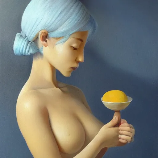 Image similar to A beautiful painting. She has deeply tanned skin that makes me think of Oort, an almond Asian face and a compact, powerful body. lemon chiffon, azure by John Kenn Mortensen, by Paul Gauguin highly detailed, Trending on artstation