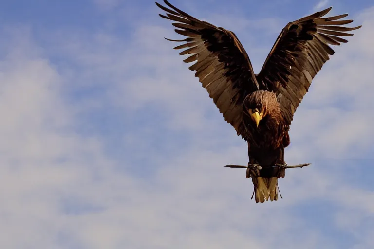 Image similar to giant eagle, alec baldwin flying, blue sky, photo