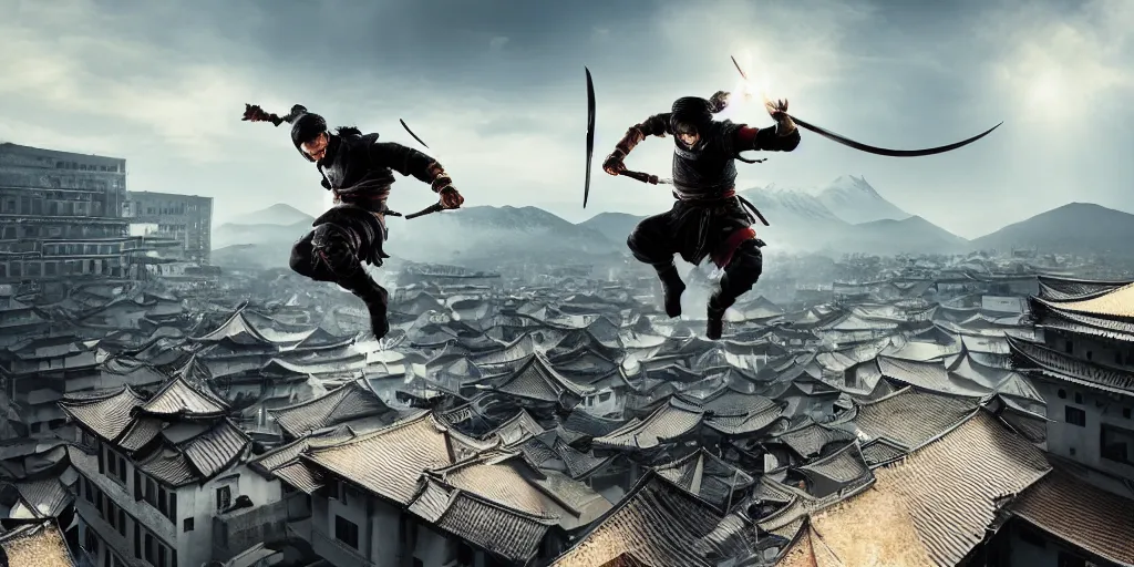 Prompt: highly detailed 3 d render of shinobi japanese assasin jumping on the roofs, barely visible, dynamic pose, total darkness, photobash, raytracing, high contrast backlight, mountains, dark fantasy, epic composition