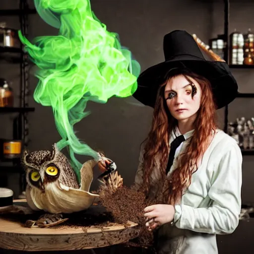 Image similar to owl, teen witch mixing a spell in a cauldron, wispy smoke, witch hat, studio photography, green glowing smoke is coming out of the cauldron, ingredients on the table, unorganized apothecary shelves in the background