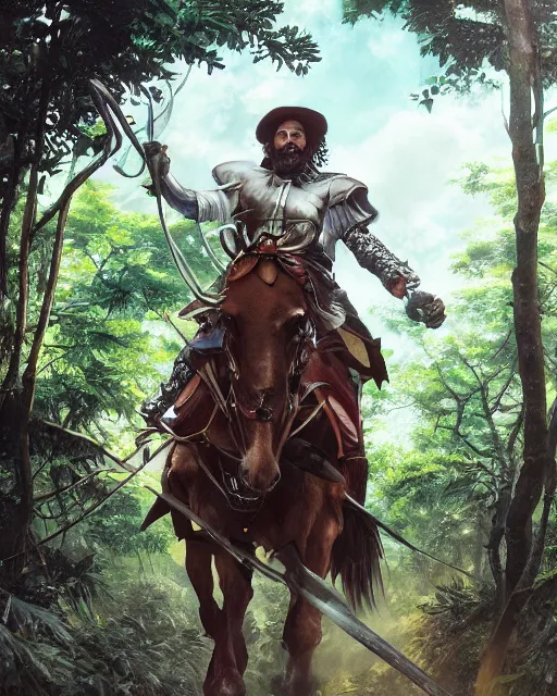 Prompt: detailed portrait of a spanish conquistador riding a horse in a dense jungle, art by clay mann and takeshi obata and greg rutkowski, studio ghibli color cheme, portrait, tarot card, sharp focus, unreal engine, detailed, realistic, face