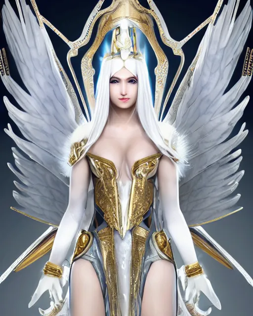 Image similar to perfect white haired egyptian goddess wearing white dove wings, warframe armor, regal, attractive, ornate, sultry, beautiful, dreamy, half asian, pretty face, blue eyes, detailed, scifi platform, 4 k, ultra realistic, epic lighting, android body, illuminated, cinematic, masterpiece, art by akihito tsukushi, voidstar, artgerm