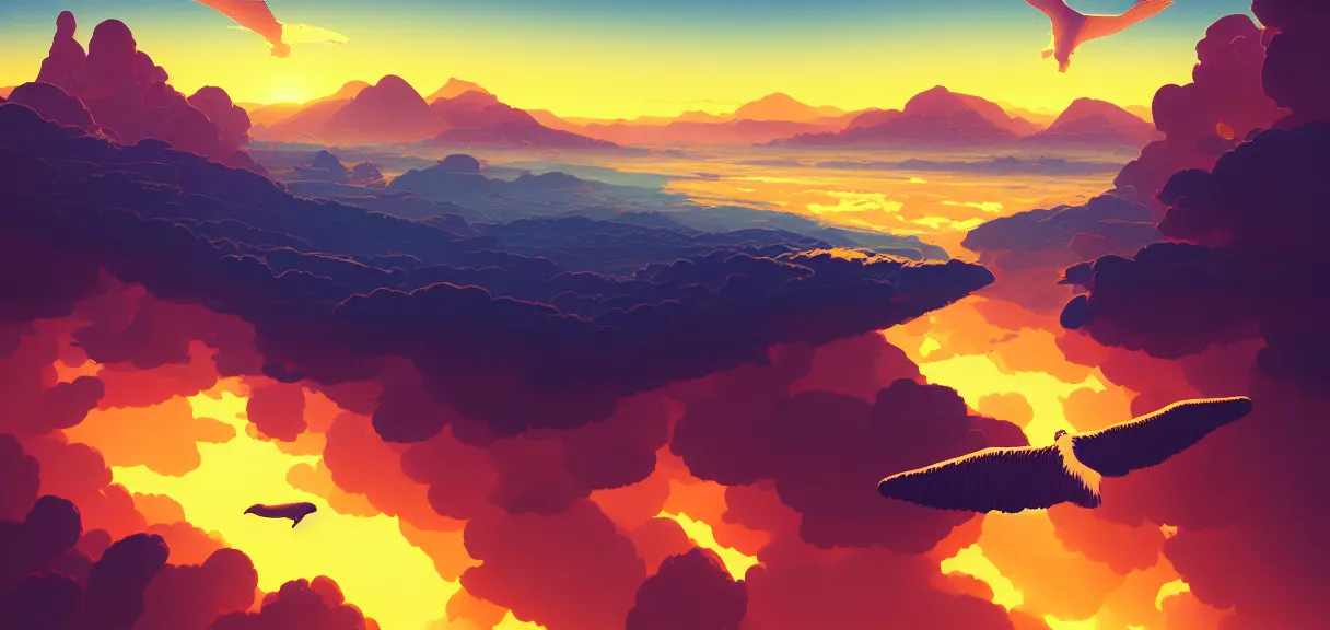 Prompt: symmetrical post - minimalism landscape of a sky whale, bird's eye view,, golden clouds, mountain range, vibrant color scheme, highly detailed, in the style of romanticism, cinematic, artstation, moebius, greg rutkowski