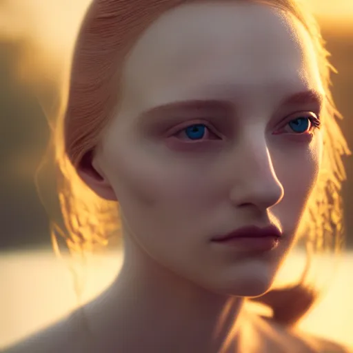 Image similar to photographic portrait of a stunningly beautiful english renaissance female in soft dreamy light at sunset, beside the river, soft focus, contemporary fashion shoot, in a denis villeneuve and tim burton movie, by edward robert hughes, annie leibovitz and steve mccurry, david lazar, jimmy nelsson, extremely detailed, breathtaking, hyperrealistic, perfect face, octane render