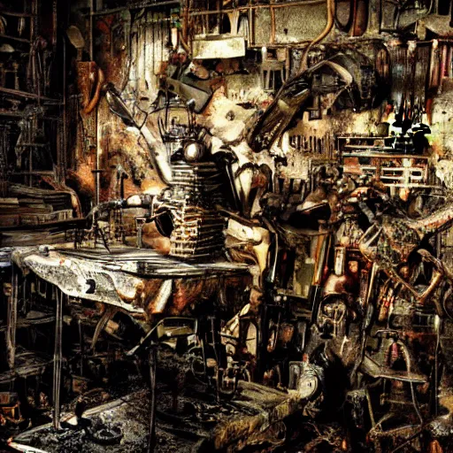 Image similar to intricate object made of rusted old egg beater and forks and knives, balding older cyborg repairing, red hot soldering iron, dark messy smoke - filled cluttered workshop, dark, dramatic lighting, cinematic, highly detailed, sci - fi, futuristic, movie still from blade runner