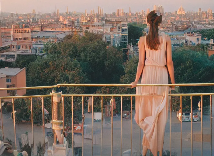 Image similar to a fantasy queen stands on a balcony overlooking a fantasy city, golden light and glow, 3 5 mm photography