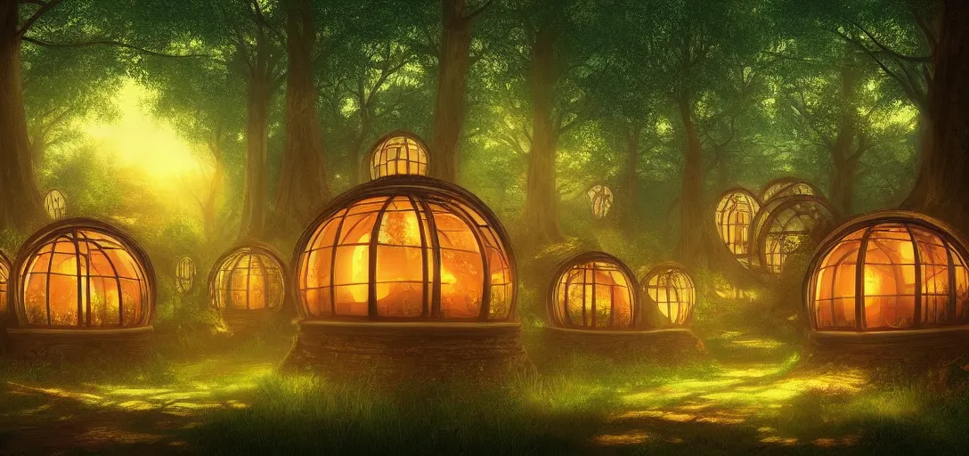 Prompt: beautiful forest, round forest houses with glowing round windows, ray tracing, fireflies, mystical feeling, detailed, digital art