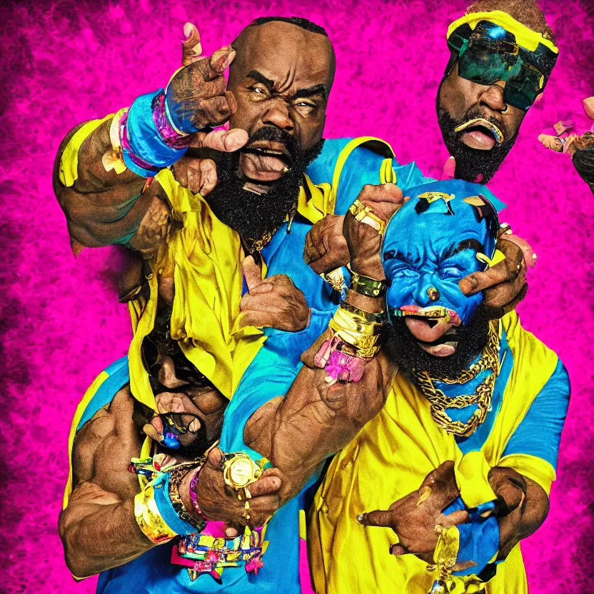 Prompt: mr. t pitying a fool, hyper color, stylized photo, gold chains, digital art