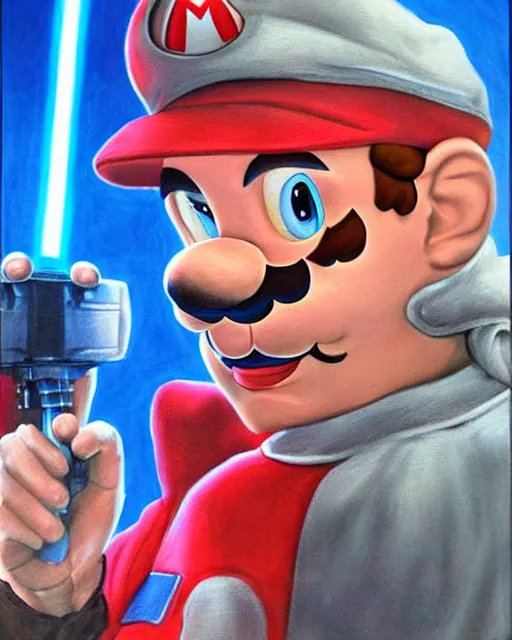 Image similar to portrait of super mario as a jedi, red cap, blue lightsaber, beautiful, very detailed, hyperrealistic, medium shot, very detailed painting by Glenn Fabry, by Joao Ruas