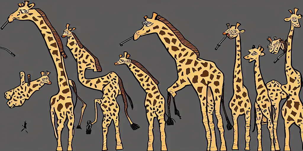 Prompt: giraffe army, holding guns and ammo, illustration, cartoon