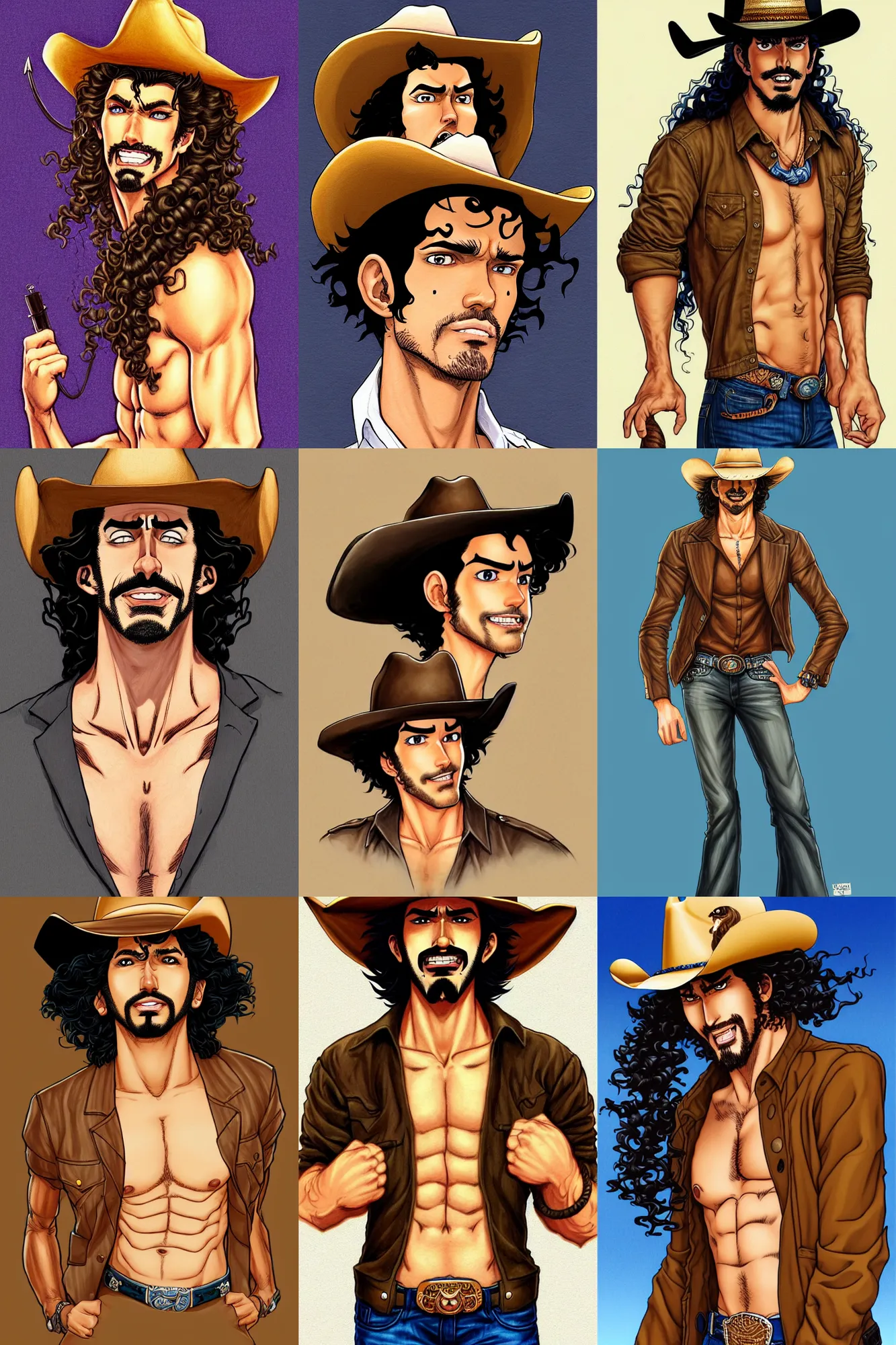 Prompt: illustration of a handsome!! man with long black curly hair, tan skin, anchor goatee | wearing a cowboy hat | art by hirohiko araki & jean giraud & artgerm & jack kirby | artstation, character design, concept art, full body, digital painting