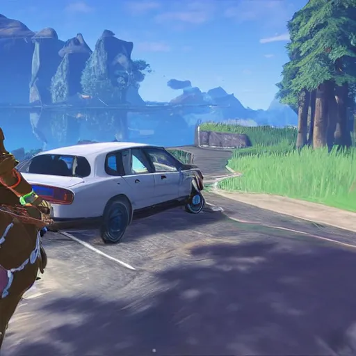 Prompt: screenshot of a carjacking in breath of the wild