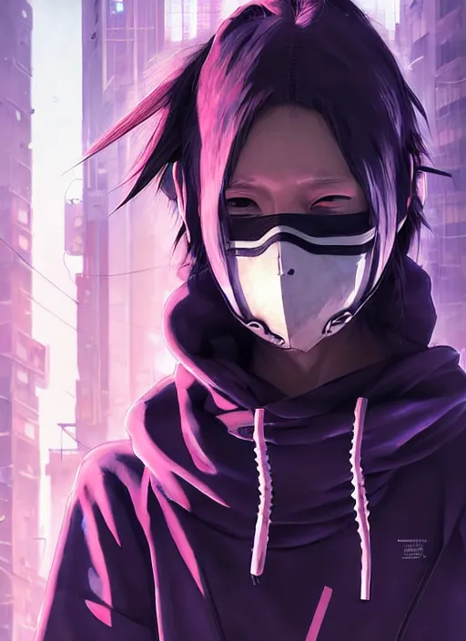 Prompt: cyberpunk anime girl in hoodie, face mask, 3 / 4 shot, street night, grafity, realistic face, beautiful face, grafity, arcane, action, tokyo street, detail, good face, pose model, concept art, in style of yoji shinkawa, pan ren wei, col price, atey ghailan, by greg rutkowski, aesthetic