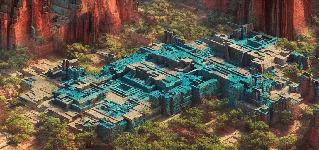 Prompt: beautiful highly detailed matte painting of an intricate mayan futuristic brutalist jade teal ancient temple in a valley surrounded by canyons and a desert, by Craig Mullins and Denis Villeneuve, octane rendering, 8k