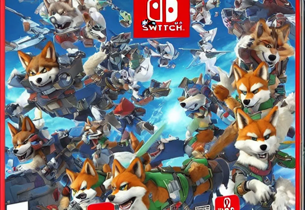 Image similar to nintendo switch box cover of a new starfox spinoff action game featuring anthro fursona furry wolf o'donnell and his space cadet crew, rated t for teen