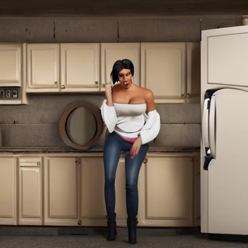 Image similar to kim kardashian fixing a fridge and in a dirty kitchen, 1 9 0 0, photorealist, ultra hd, unreal engine