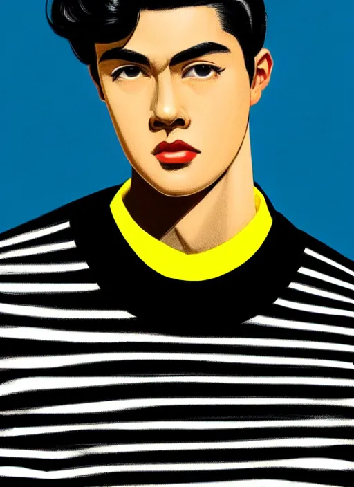 Image similar to portrait of young reggie mantle, mean smirk, egotistical, slicked back hair, striped yellow and black sweater, 1 9 5 0 s, intricate, elegant, glowing lights, highly detailed, digital painting, artstation, concept art, smooth, sharp focus, illustration, art by wlop, mars ravelo and greg rutkowski