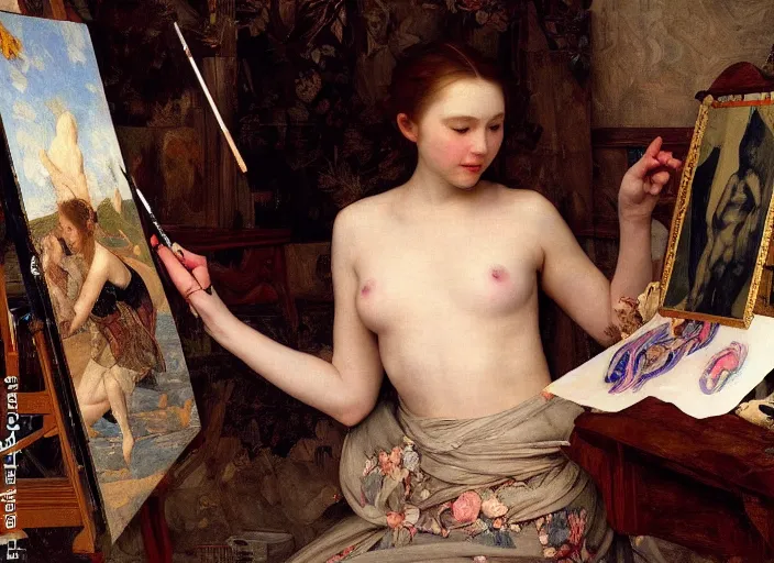 Image similar to a painter in his studio painting a picture of belle delphine by edgar maxence and caravaggio and michael whelan and delacroix style, artistic, intricate drawing, cinematic lighting, hyper realistic, extremely detailed, establishing shot, 8 k resolution, dramatic lighting