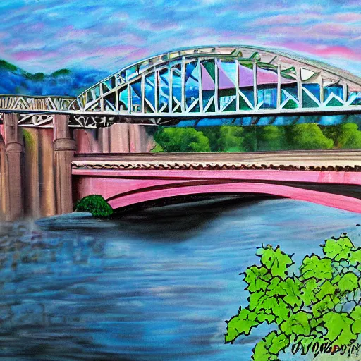 Image similar to chattanooga tennessee pic of walnut street bridge painting in style of herb ryman