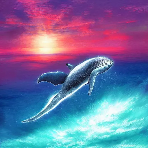 Image similar to a whale peeking above the ocean and wistfully watching a spaceship fly away, sci-fi digital art,