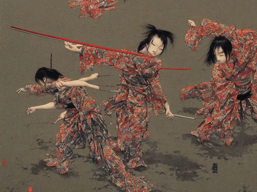 Image similar to Japanese schoolgirl runs away from Samurai with a katana on the subway, high detailed Beksinski painting, part by Adrian Ghenie and Gerhard Richter. art by Takato Yamamoto. masterpiece