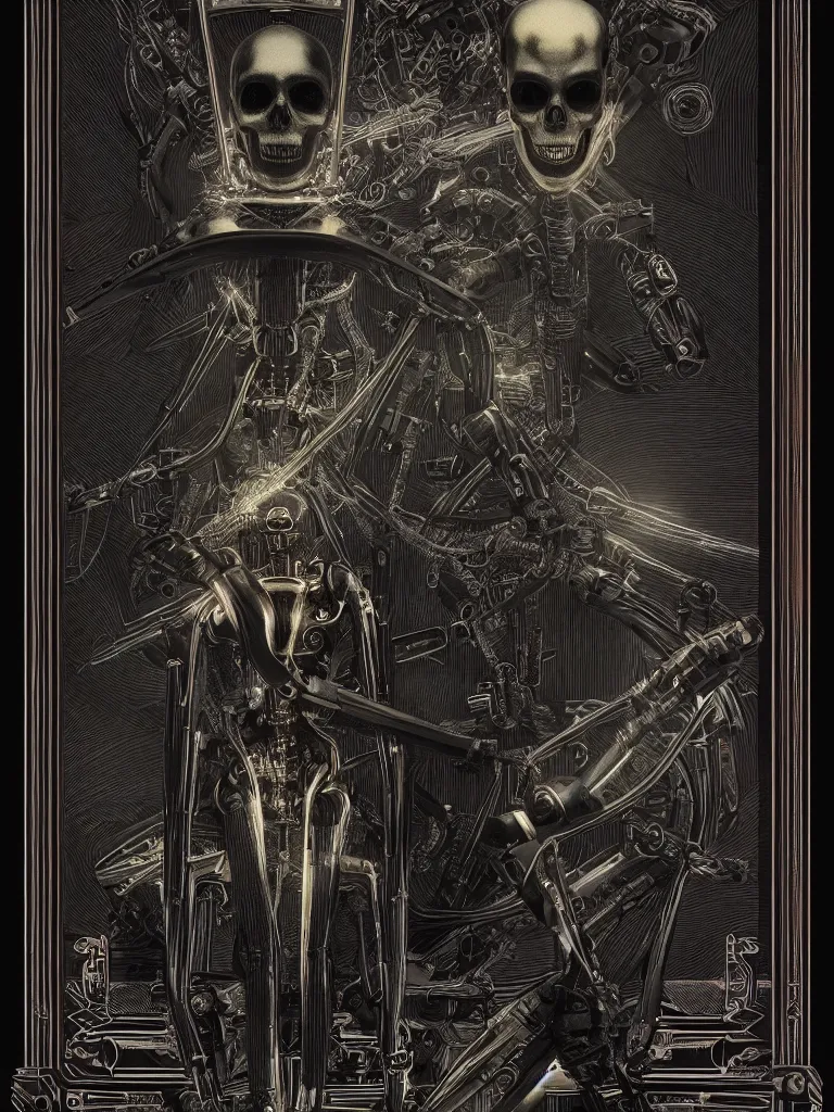 Prompt: the death tarot card as an I Robot, black paper with ornate border frame, by mario feng, ray tracing, master shot, octane render, 8k, ultra hd, perfect light