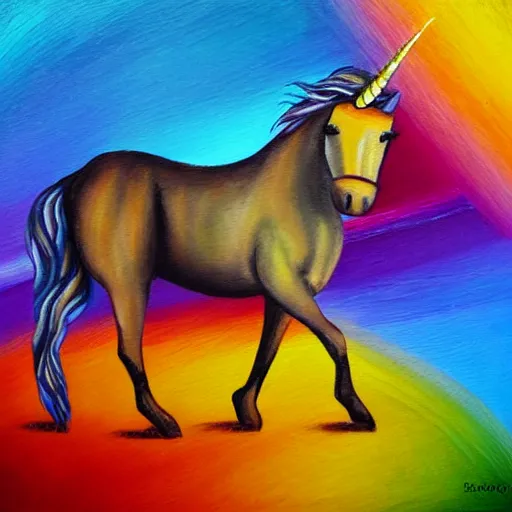 Image similar to unicorn walking on a rainbow, in the style of caravagio, oil painting