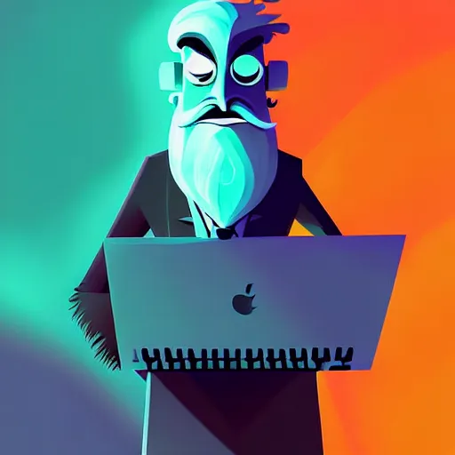 Image similar to curled perspective digital art of curly grey hair bearded man using a computer by anton fadeev from nightmare before christmas