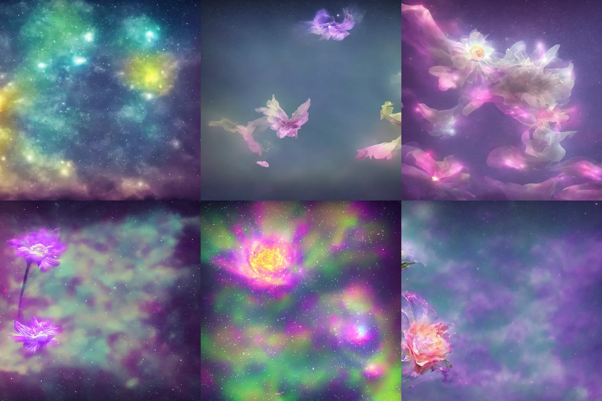 Prompt: ethereal flower appearing in the night sky, 4 k, beautiful digital art