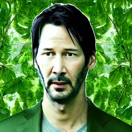 Image similar to keanu reaves face made of green leaves