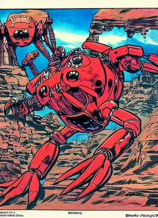 Prompt: comic book drawing of a giant mechanical robot crab at the grand canyon by jack kirby!!! and simon bisley, epic, awesome trendy color palette, black ink outlines