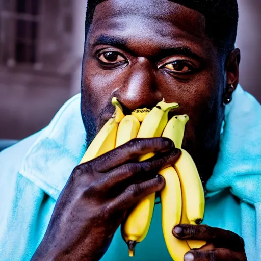 Image similar to angry gucci mane eating bananas in the hood, 8k resolution, full HD, cinematic lighting, award winning, anatomically correct