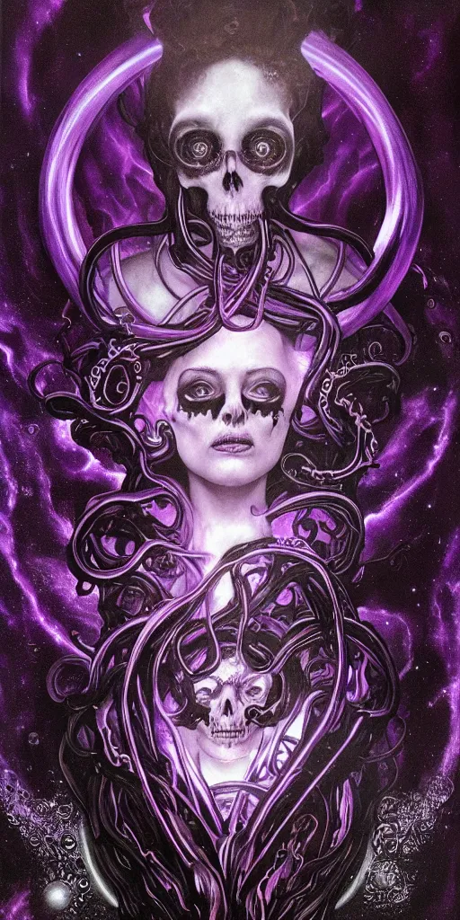 Prompt: intense glowing black metal pagan god with tentacles and intense black eyes with a skull in very dark purple cosmic space nebula by karol bak and alphonse mucha and artgerm, portrait, fantasy, clear, light beams, lens flare, soft, uhd, amazing depth, cinematic lighting, violet and magenta and black and white and metallic silver