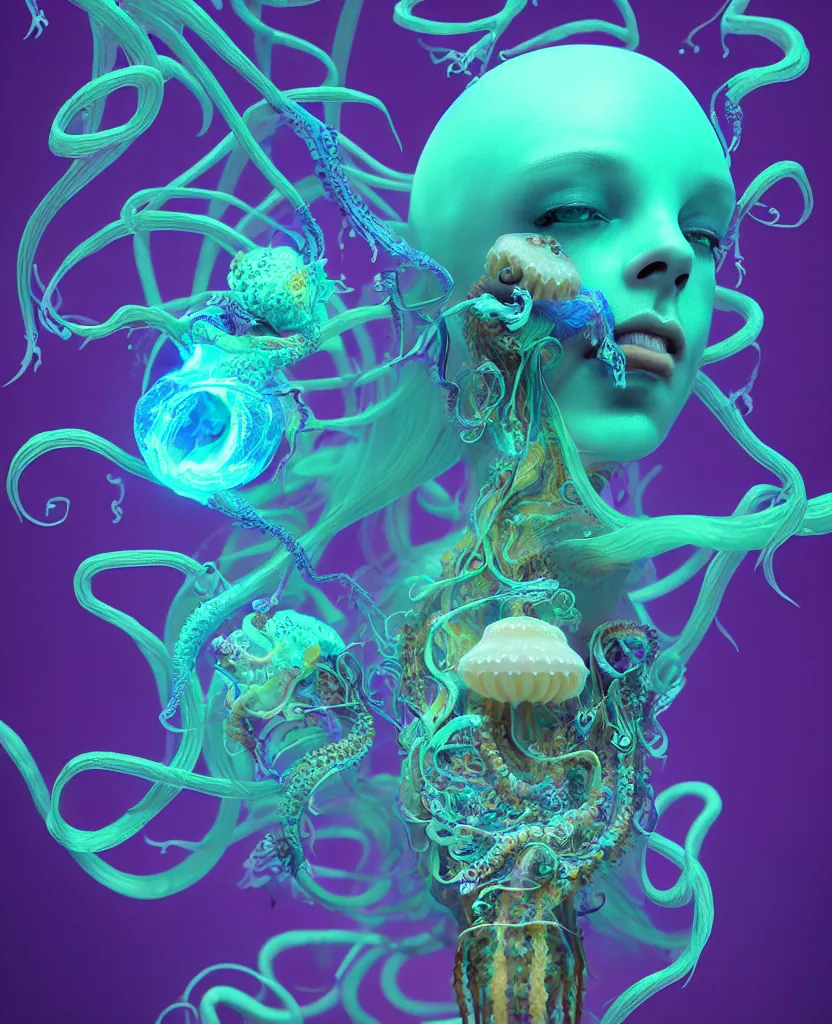Image similar to goddess close-up portrait human high on LSD, ram skull, octopus, jellyfish, orchid, betta fish, bioluminiscent, intricate artwork by Tooth Wu and wlop and beeple. octane render, trending on artstation, greg rutkowski very coherent symmetrical artwork. cinematic, hyper realism, trippy, high detail, octane render, 8k