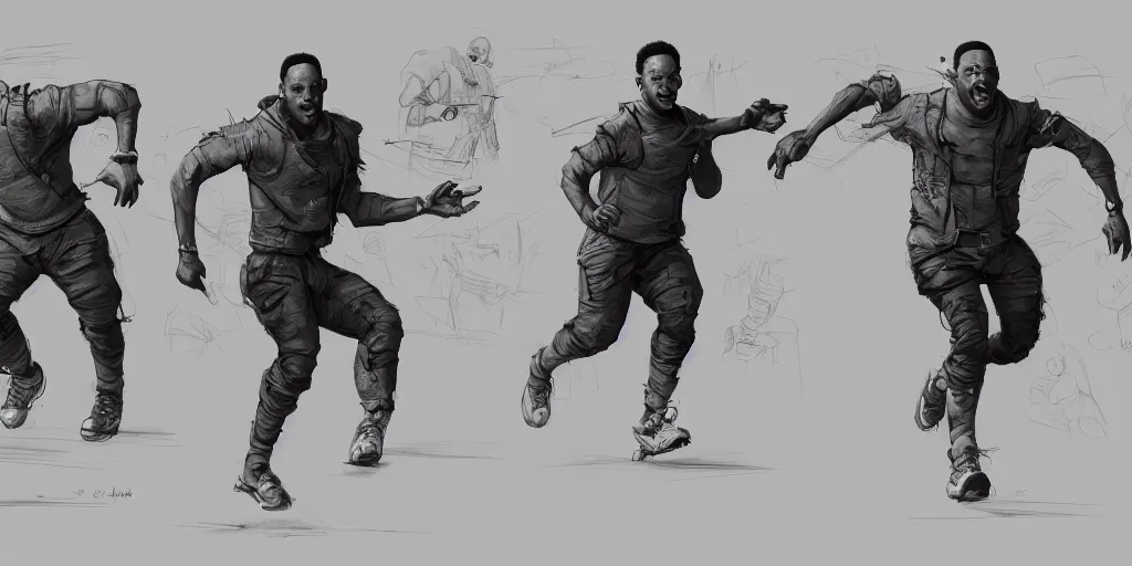 Image similar to cartoonish will smith running, character sheet, fine details, concept design, contrast, kim jung gi, greg rutkowski, trending on artstation, 8 k, full body, turnaround, front view, back view, ultra wide angle