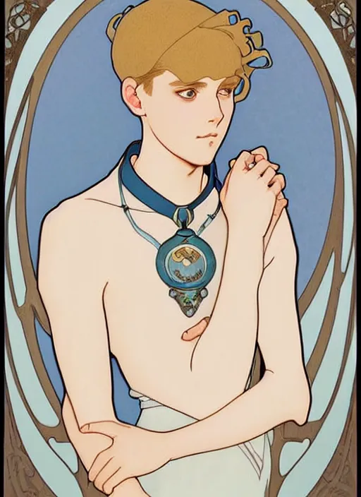 Image similar to art nouveau portrait of a pretty young man with short blond hair, light blue eyes, sad expression, scared, head down, shy and demure, wearing a choker collar, natural lighting, path traced, highly detailed, high quality, cartoon, digital painting, by don bluth and ross tran and studio ghibli and alphonse mucha