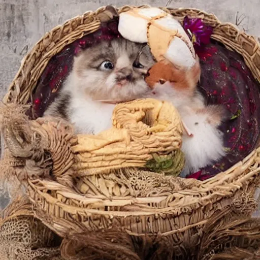 Image similar to two kittens sleeping in a basket, happy, cute