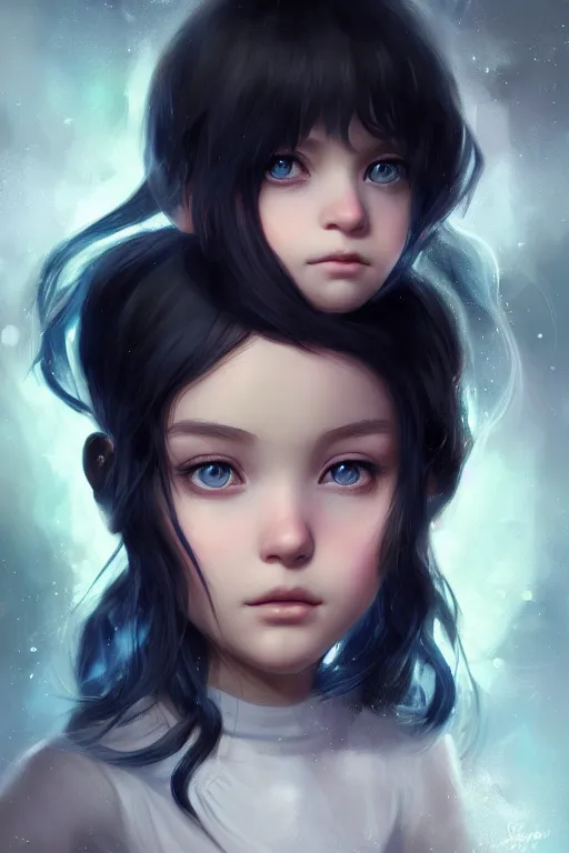 Prompt: beautiful portrait of little girl, black hair, blue eyes by charlie bowater, ross tran, artgerm, and makoto shinkai, detailed, soft lighting, rendered in octane