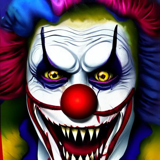 Image similar to a killer clown with sharp fangs and scars, hyper-detailed digital painting