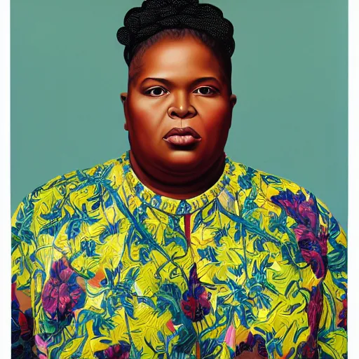 Image similar to A portrait of a thick powerful and pretty non-binary person, oil painting by Kehinde Wiley, majestic, detailed, high resolution