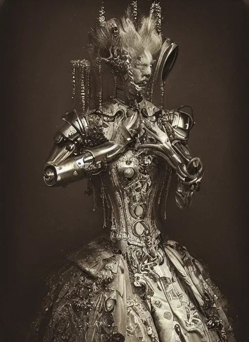 Image similar to old wetplate daguerreotype portrait of a futuristic silver armored marie antoinette cyborg, fractal, intricate, elegant, highly detailed, subsurface scattering, by jheronimus bosch and greg rutkowski and louis jacques mande daguerre