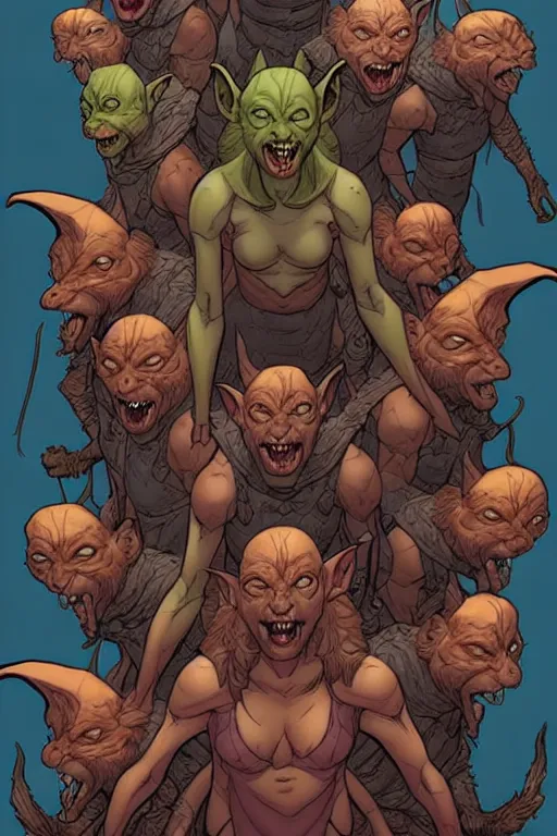 Prompt: comic cover art of a goblin horde, facing the viewer, dnd, high fantasy digital illustration, by jenny frison and sana takeda, intricate details, stunning inking lines, flat colors, 4 k, hd, artstation