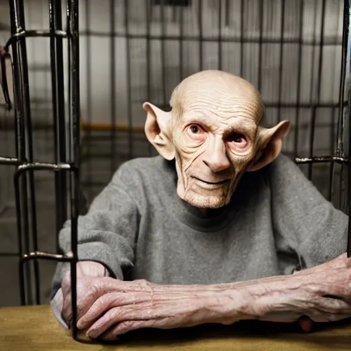 Prompt: incredibly detailed high quality studio portrait of an elderly alien being sitting in a cage in a warehouse