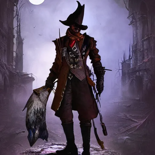 Prompt: a detailed 3 d render of darkwing duck dressed as the hunter from bloodborne, let's get dangerous, digital art, dark fantasy, concept art, soulslike, by alphonse mucha, blood moon eclipse, wherewolves in a ruined building in the background, artstation, 8 k, unreal engine render