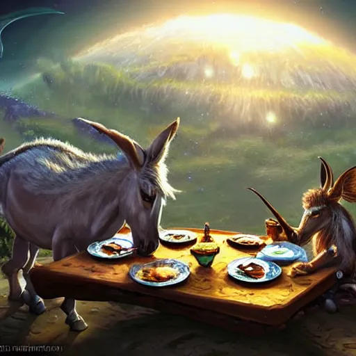 Image similar to ultrarealistic, ultradetailed, battle donkey eating breakfast, sitting on a futuristic table with aliens, at the end of the universe, very very very ultradetailed, epic fantasy style art, fantasy epic digital art, epic fantasy art, hearthstone style art