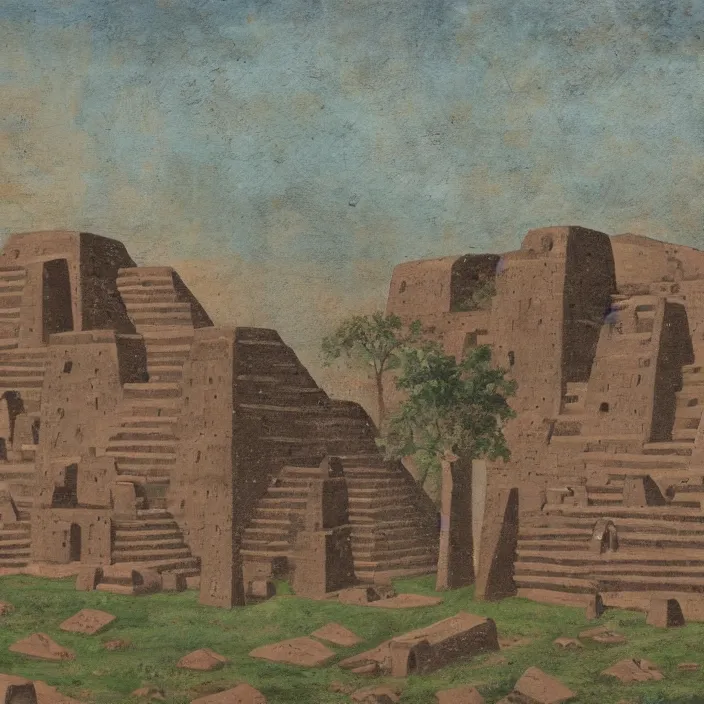 Image similar to a building in a serene landscape, ancient mesoamerican painting