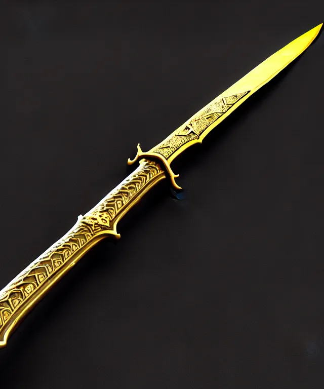 Image similar to very large detailed long sword, proportional image, clean background, 3 d octane render, blade, sharp, gold, gems,