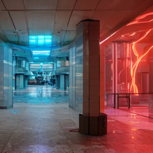 Prompt: futuristic, pastel colors, hd 8 k, unreal engine, abandoned, overgrown, red blue studio lightning, mall, escalator