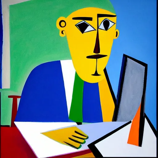 Prompt: painting of a lone man, sitting at his desk in an empty, huge office, in the style of pablo picasso